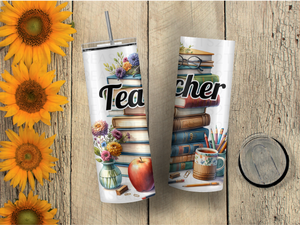 Personalized 20 oz Stainless Steel Tumbler with Metal Straw and Teacher Books Design #328