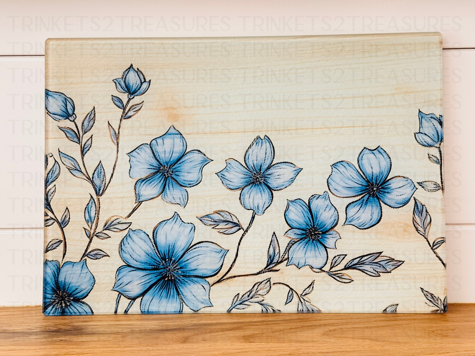 Personalized 8" x 11" Textured & Tempered Glass Cutting Board/Blue Flowers/#600