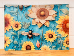 Personalized 8" x 11" Textured & Tempered Glass Cutting Board/Bees & Wildflowers/#617