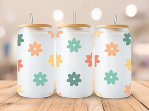 18oz Personalized  Frosted Glass Tumbler with Yellow & Green Daisies #227