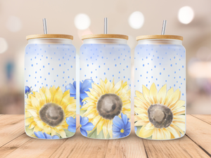 18oz Personalized  Frosted Glass Tumbler with Sunflowers & Blue Flowers #225