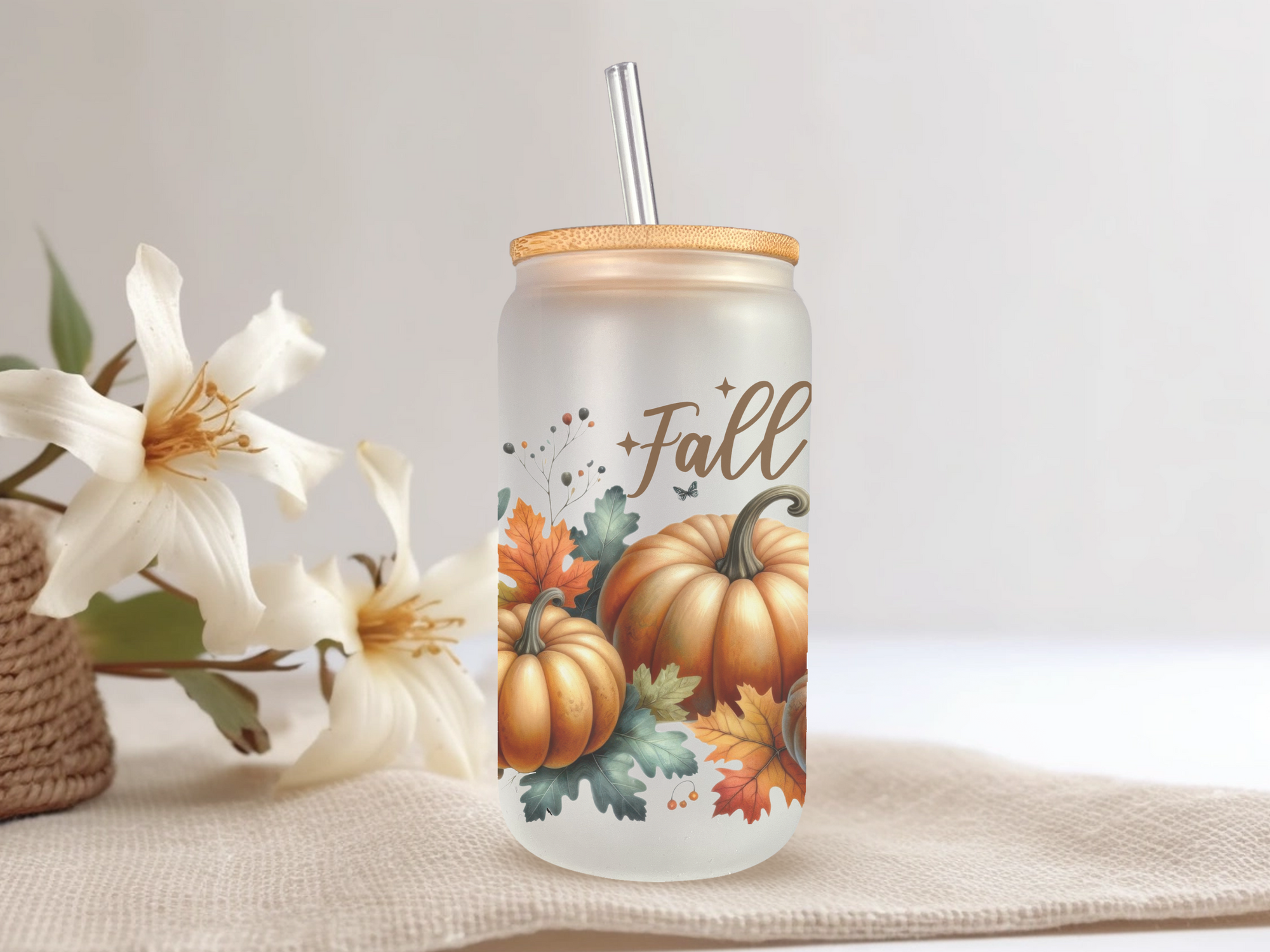 18oz Personalized  Frosted Glass Tumbler With Fall Vibes #229