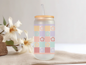 18oz Personalized  Frosted Glass Tumbler with Smiley Flowers #228