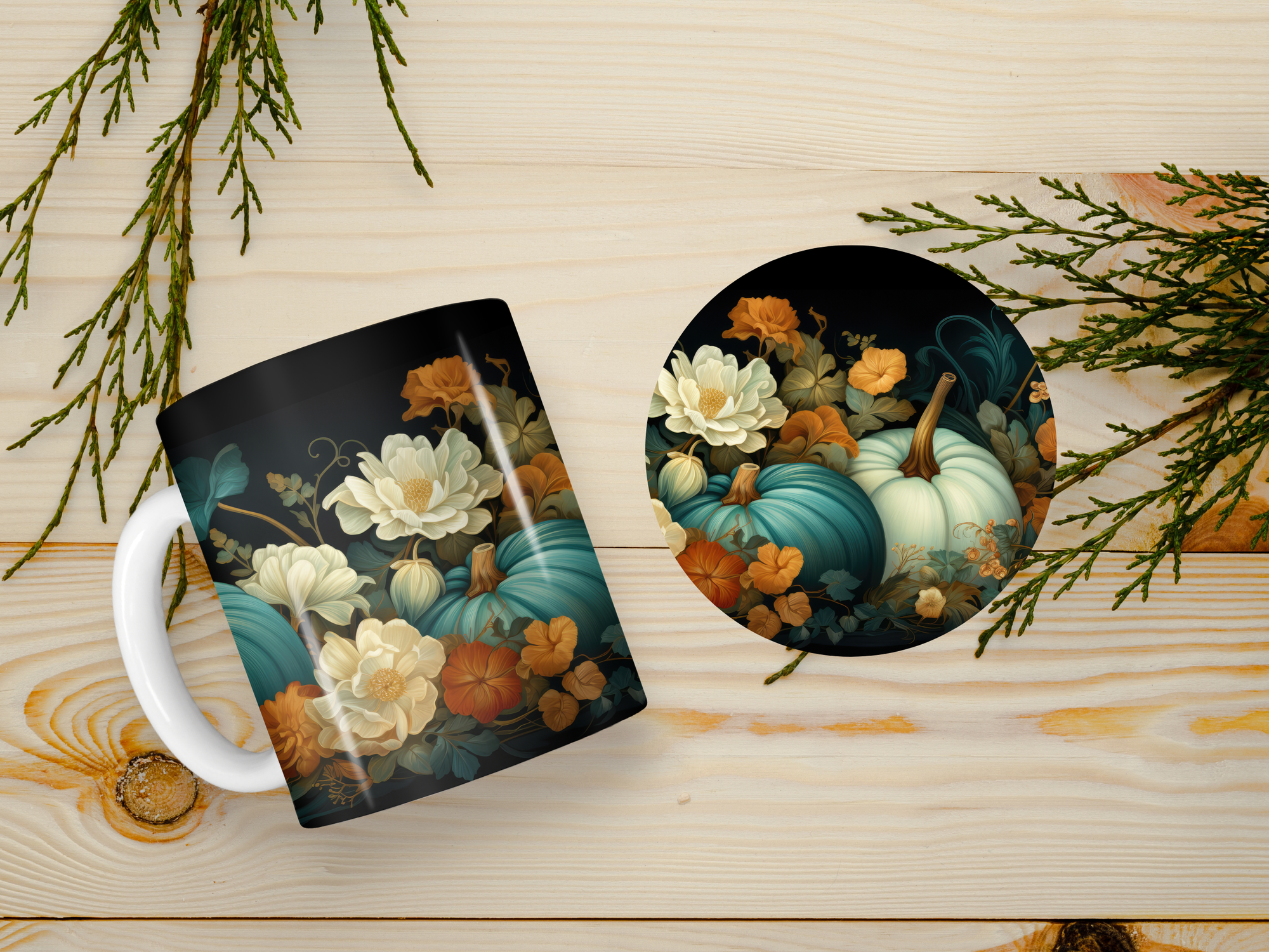 Personalized Ceramic Mug and Matching Coaster Set/11 oz or 15 oz Coffee Mug/Midnight Pumpkins #141