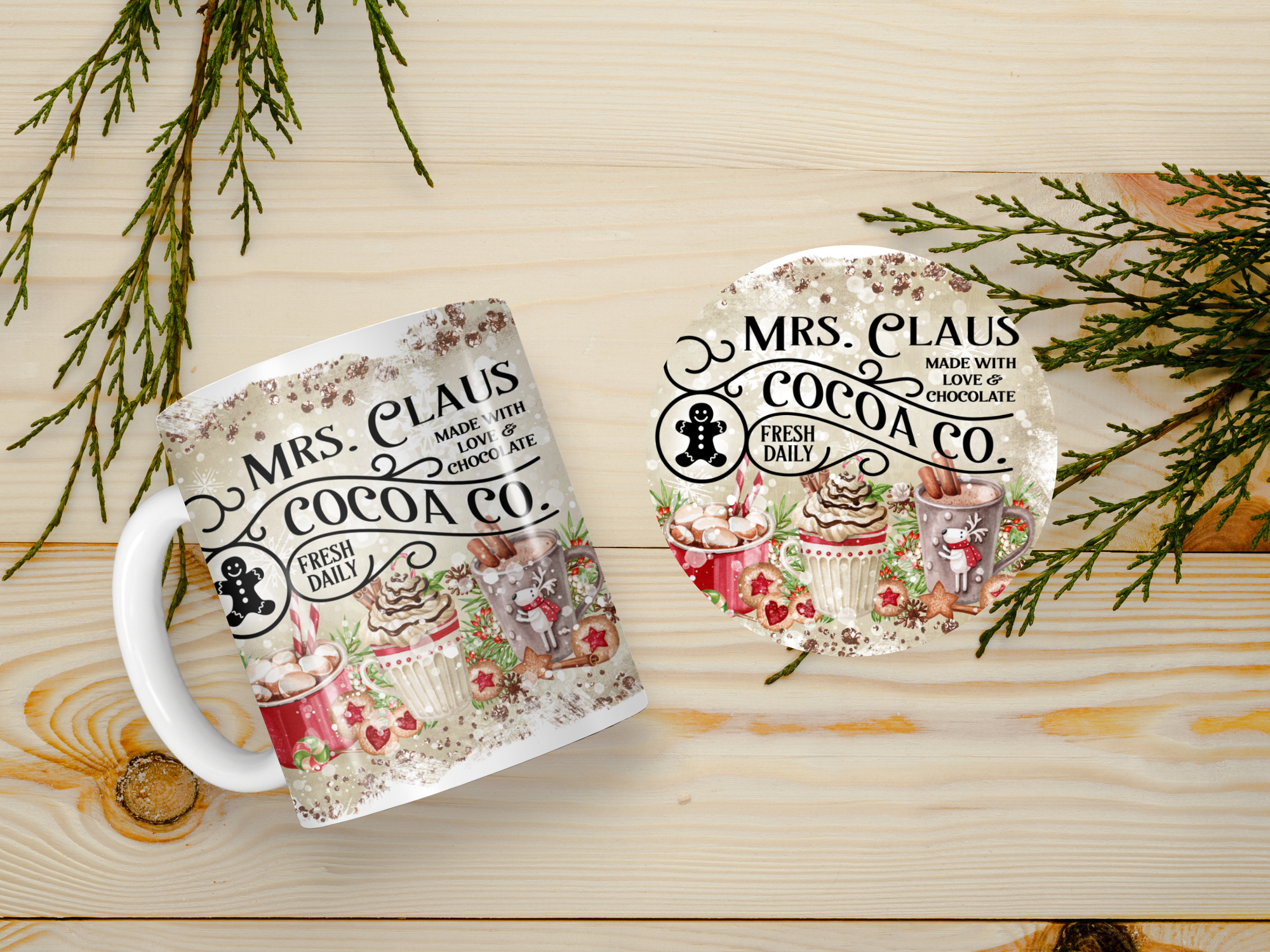 Personalized Ceramic Mug and Matching Coaster Set/11 oz or 15 oz Coffee Mug/Mrs. Claus Cocoa Company #146