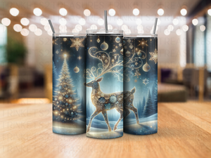 Personalized 20 oz Stainless Steel Tumbler with Metal Straw and Golden Reindeer Design #342