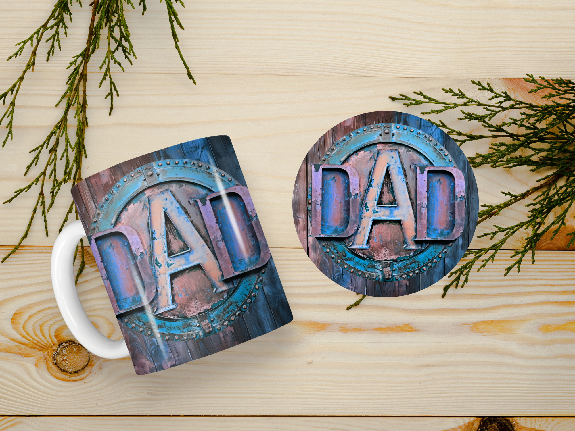 Personalized Ceramic Mug and Matching Coaster Set/11 oz or 15 oz Coffee Mug/Dad Blue Wood #129