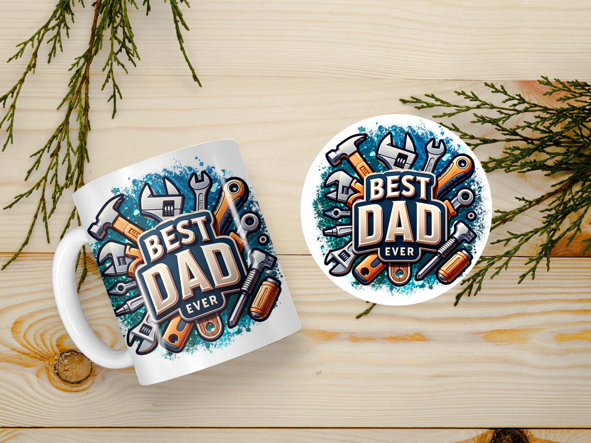 Personalized Ceramic Mug and Matching Coaster Set/11 oz or 15 oz Coffee Mug/Best Dad Ever Tools #127