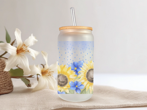 18oz Personalized  Frosted Glass Tumbler with Sunflowers & Blue Flowers #225