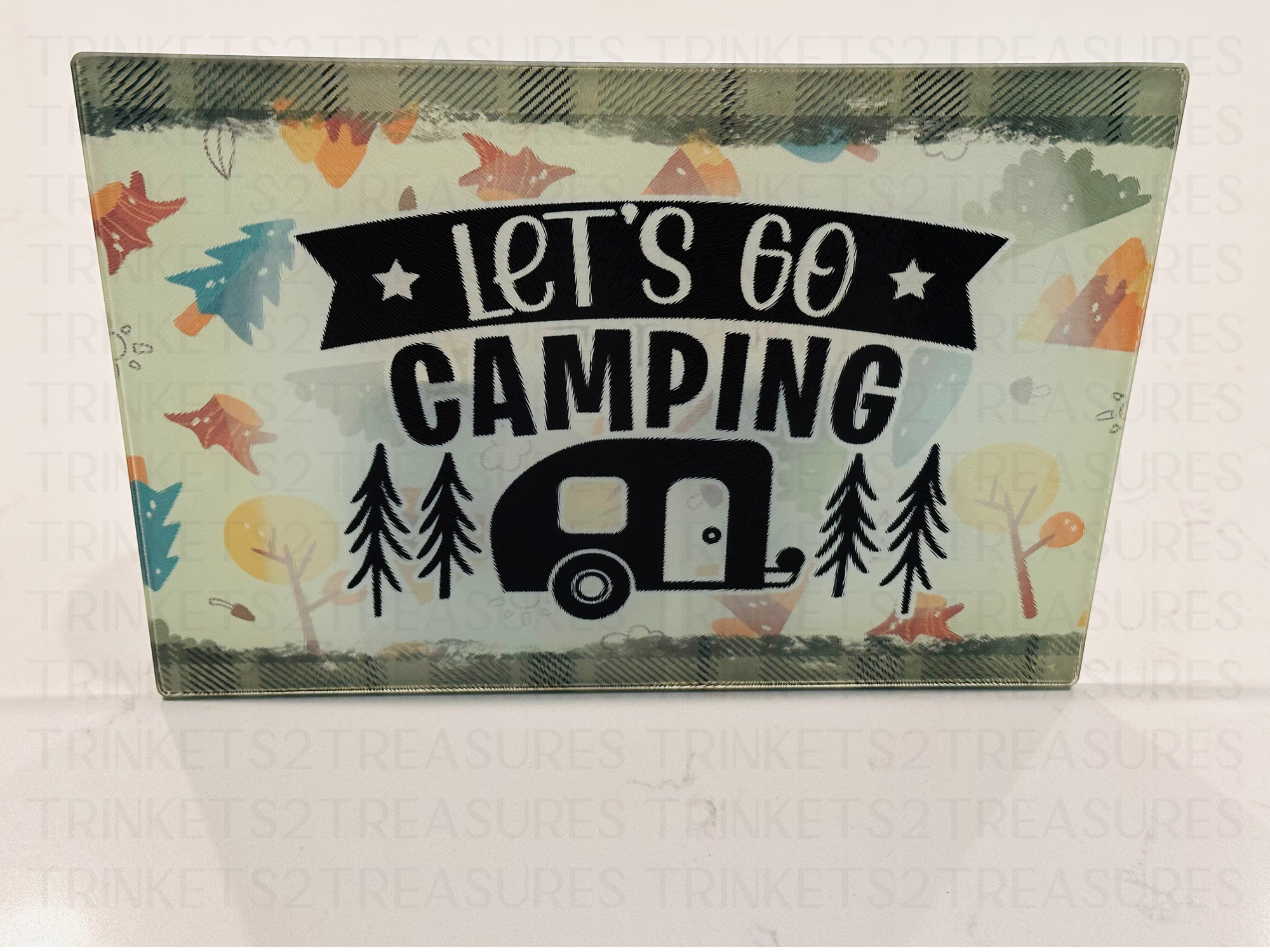 Personalized 8" x 11" Textured & Tempered Glass Cutting Board/Let's Go Camping/#611