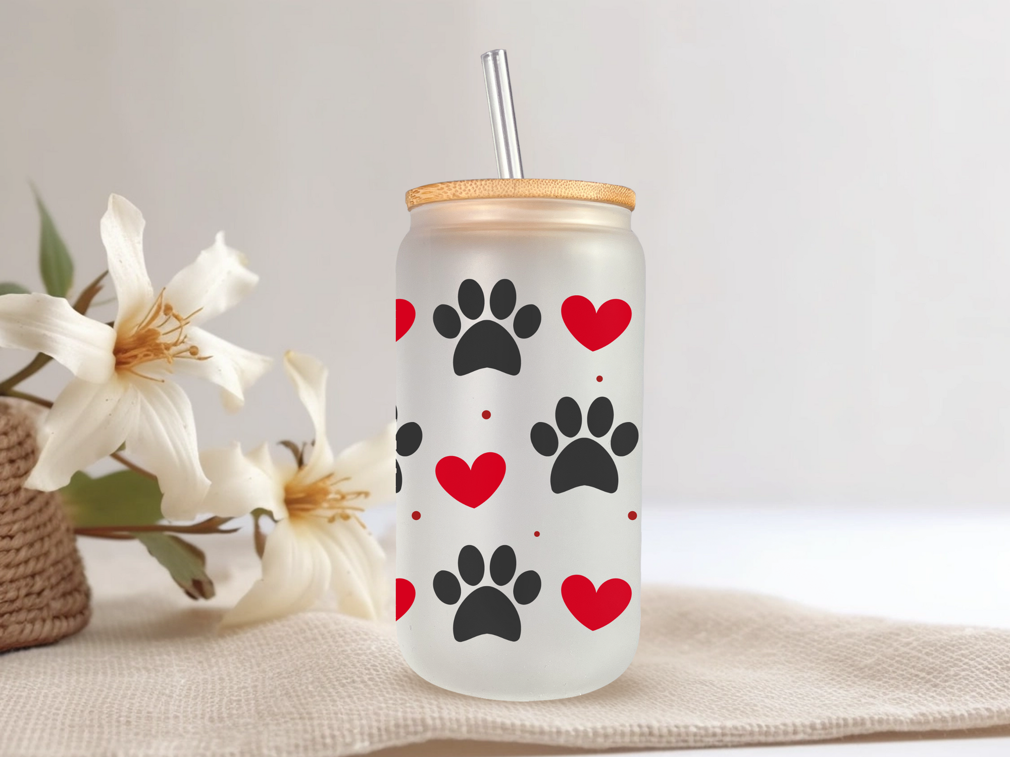 18oz Personalized  Frosted Glass Tumbler with Dog Paws & Hearts #222