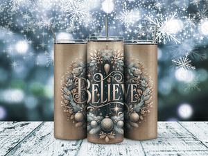 Personalized 20 oz Stainless Steel Tumbler with Metal Straw and Believe Christmas Design #321