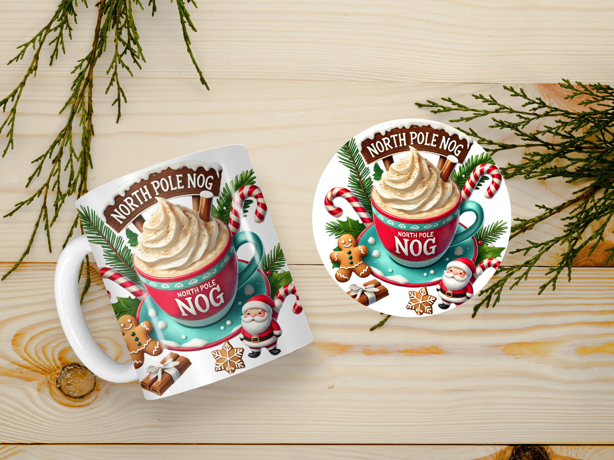 Personalized Ceramic Mug and Matching Coaster Set/11 oz or 15 oz Coffee Mug/North Pole Nog #123