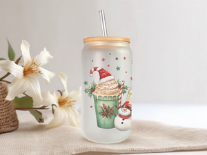 18oz Personalized  Frosted Glass Tumbler with Snowman Mocha #230