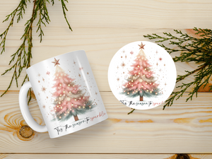 Personalized Ceramic Mug and Matching Coaster Set/11 oz or 15 oz Coffee Mug/Pink Christmas Tree #144