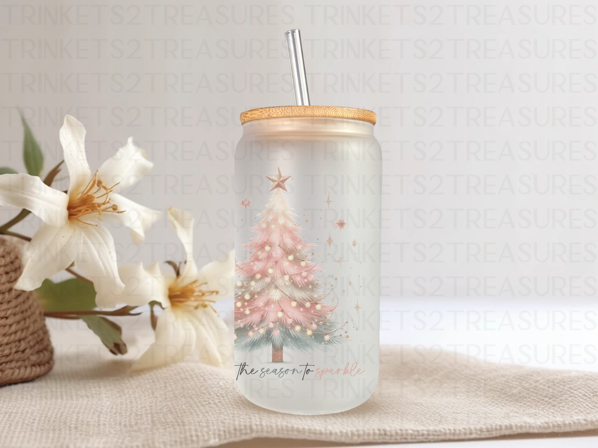 18oz Personalized  Frosted Glass Tumbler with Pink Christmas Tree #236