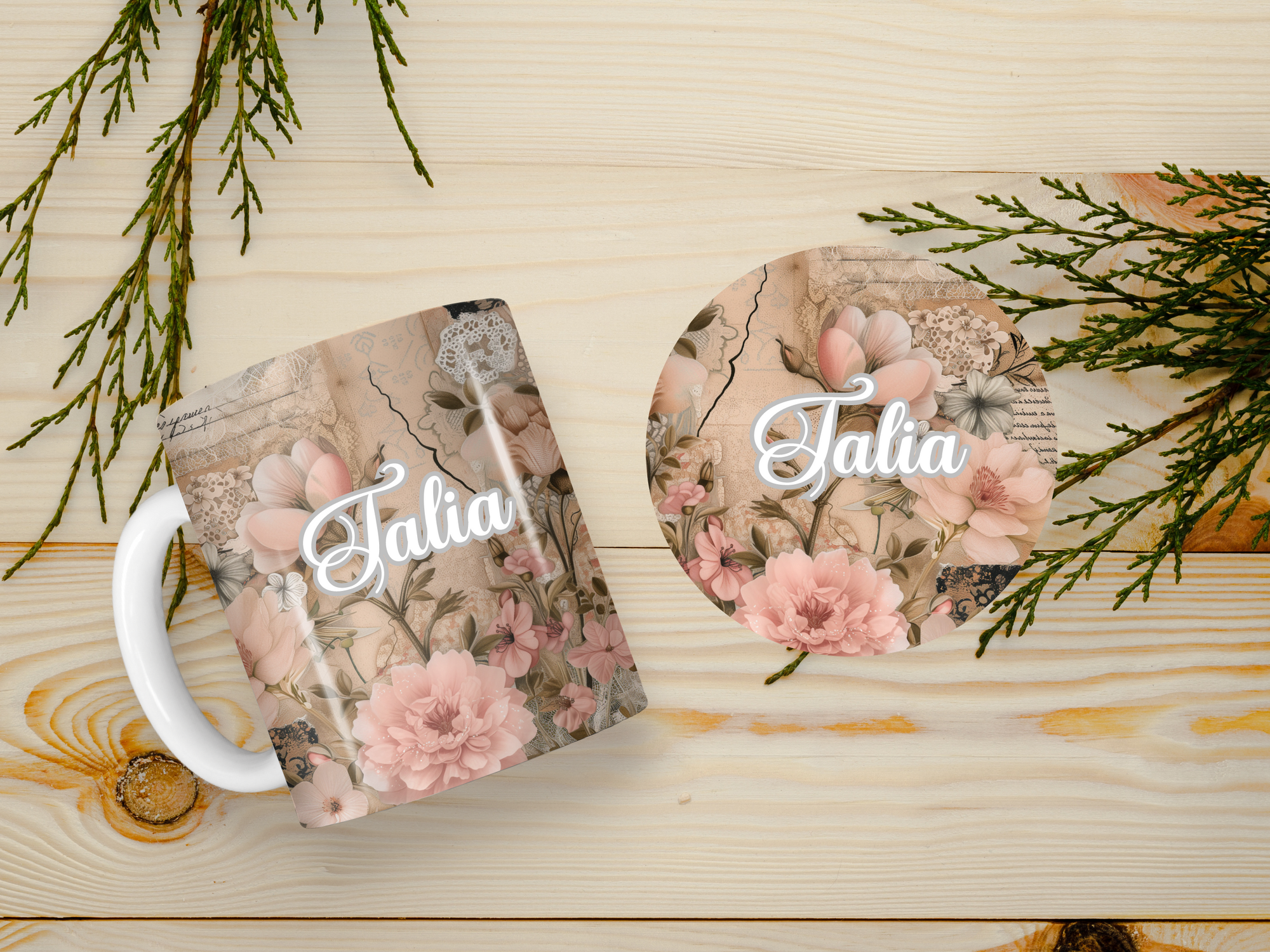 Personalized Ceramic Mug and Matching Coaster Set/11 oz or 15 oz Coffee Mug/Victorian Rose #138