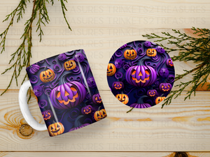 Personalized Ceramic Mug and Matching Coaster Set/11 oz or 15 oz Coffee Mug/Purple Halloween #142