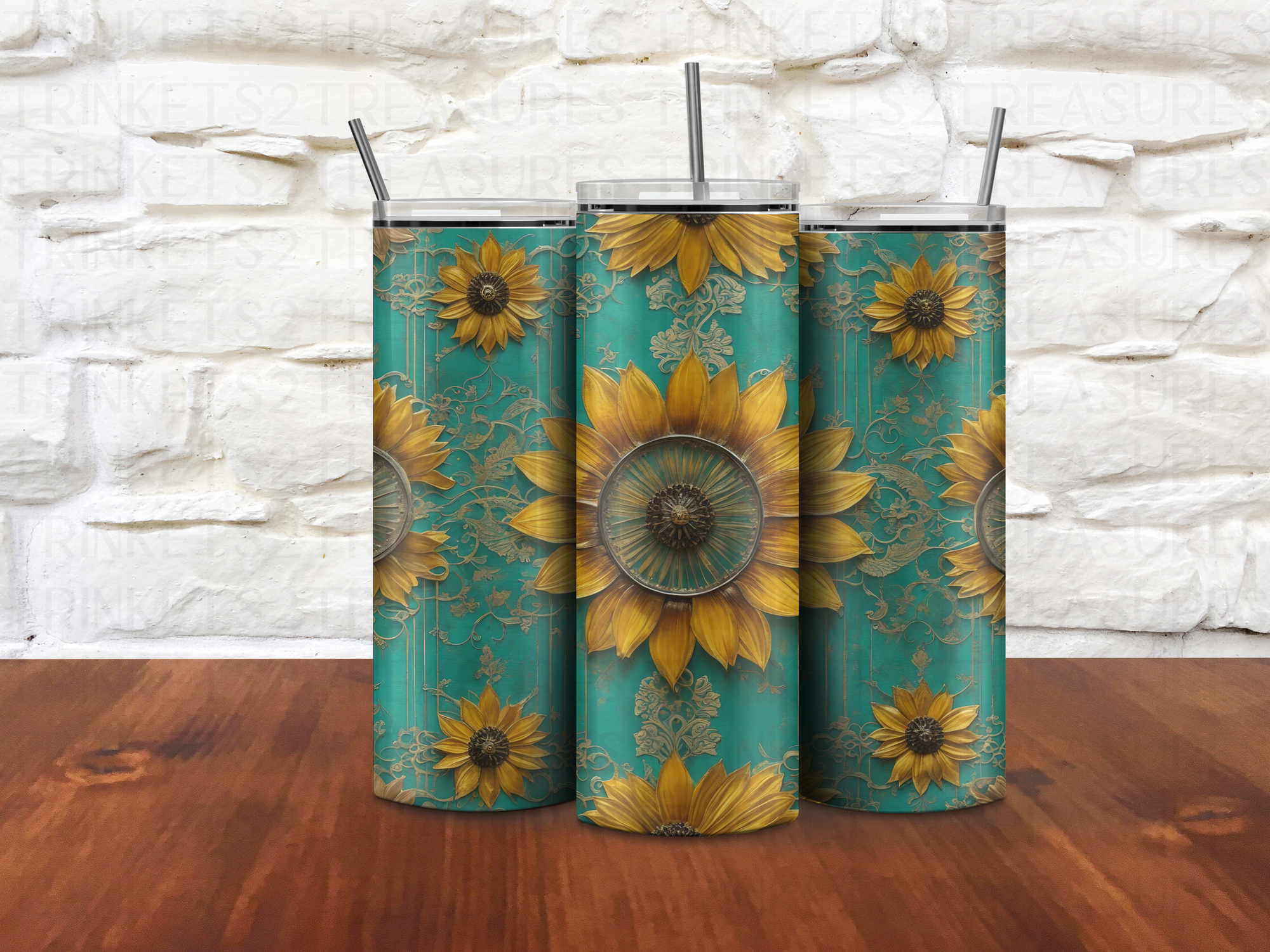 Personalized 20 oz Stainless Steel Tumbler with Metal Straw and Teal & Sunflowers #326