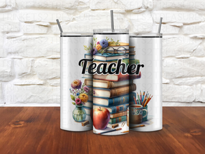 Personalized 20 oz Stainless Steel Tumbler with Metal Straw and Teacher Books Design #328