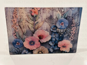 Personalized 8" x 11" Textured & Tempered Glass Cutting Board/Blue & Pink Paper Flowers/#607