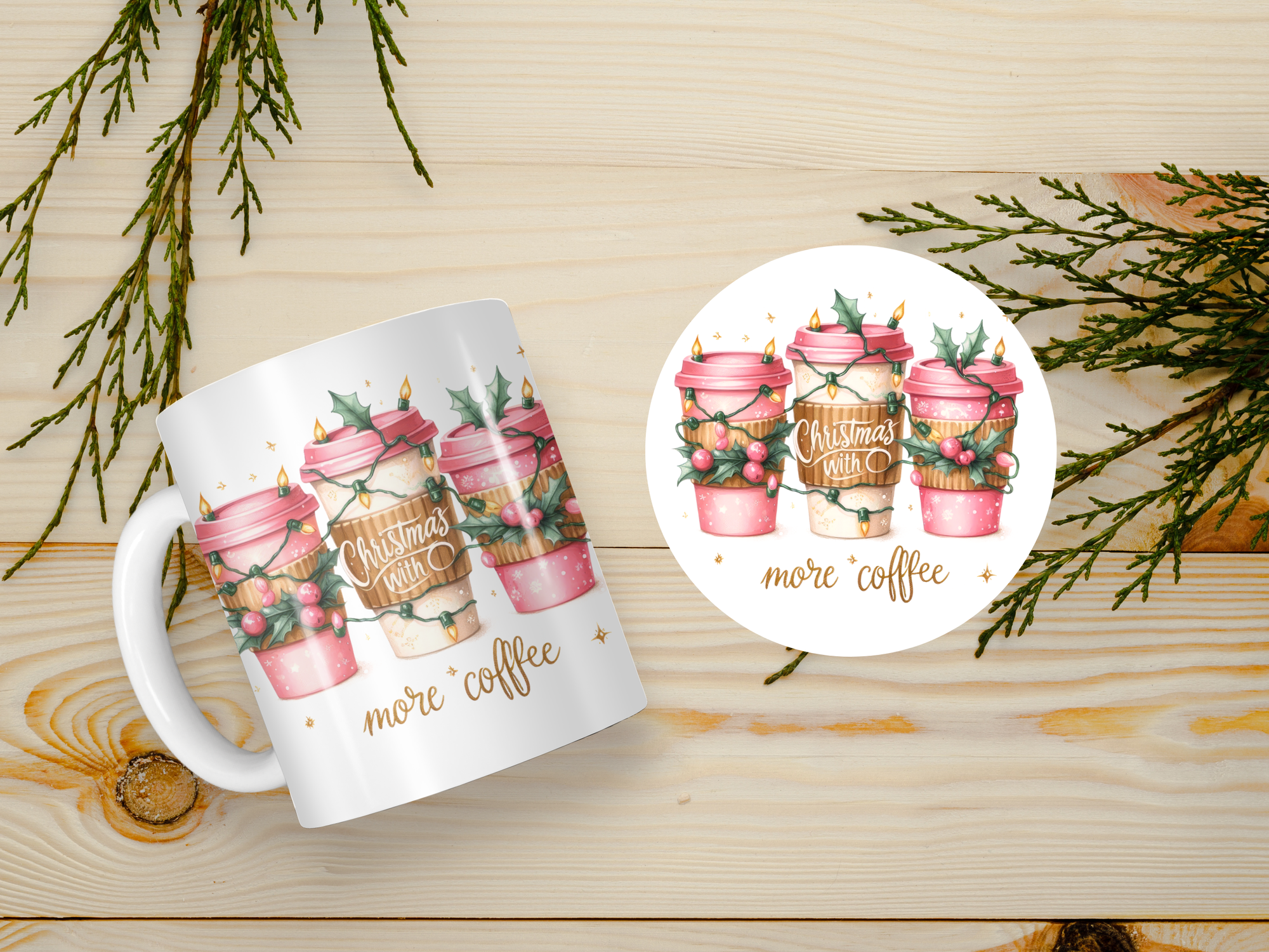 Personalized Ceramic Mug and Matching Coaster Set/11 oz or 15 oz Coffee Mug/Christmas with More Coffee #147