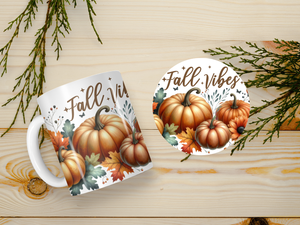 Personalized Ceramic Mug and Matching Coaster Set/11 oz or 15 oz Coffee Mug/Fall Vibes #143