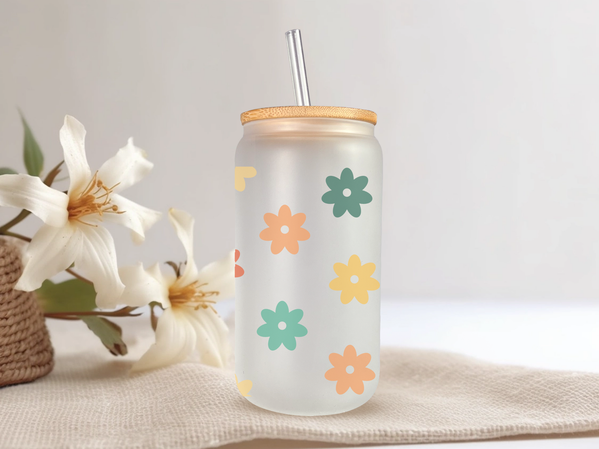 18oz Personalized  Frosted Glass Tumbler with Yellow & Green Daisies #227