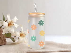 18oz Personalized  Frosted Glass Tumbler with Yellow & Green Daisies #227