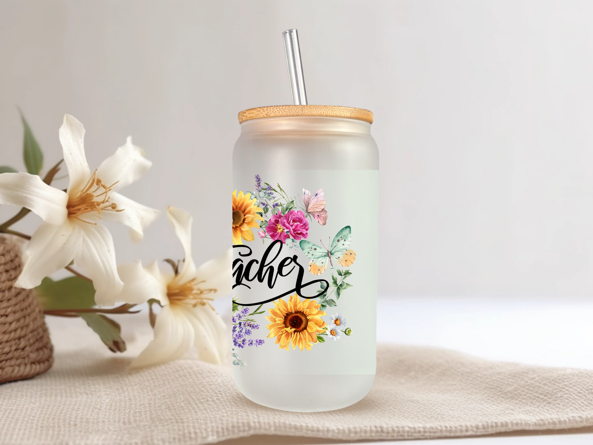 18oz Personalized  Frosted Glass Tumbler with Teacher Appreciation #223