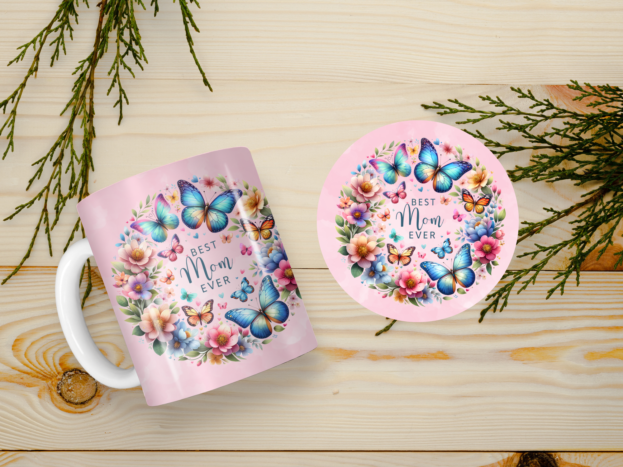 Personalized Ceramic Mug and Matching Coaster Set/11 oz or 15 oz Coffee Mug/Best Mom Ever Butterflies #133