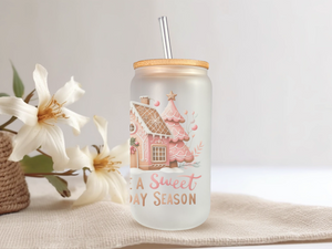 18oz Personalized  Frosted Glass Tumbler with Pink Gingerbread #237