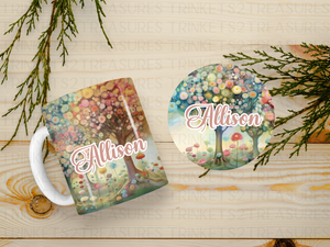 Personalized Ceramic Mug and Matching Coaster Set/11 oz or 15 oz Coffee Mug/Colorful Trees Design #122