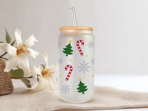 18oz Personalized  Frosted Glass Tumbler with Candy Canes & Christmas #235