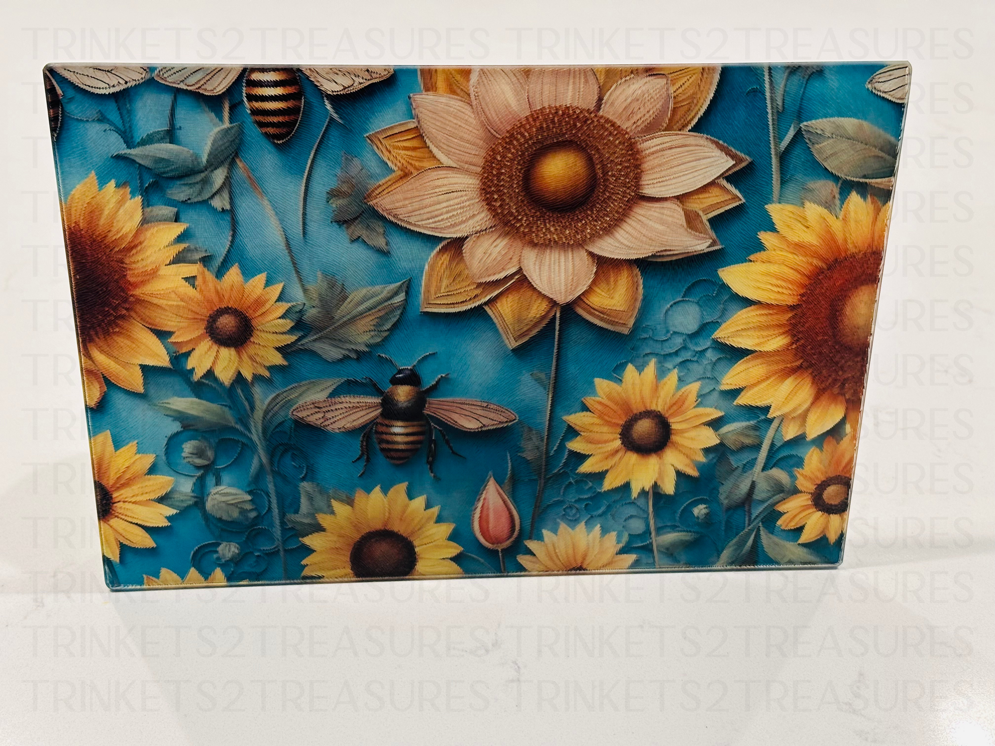 Personalized 8" x 11" Textured & Tempered Glass Cutting Board/Bees & Wildflowers/#617