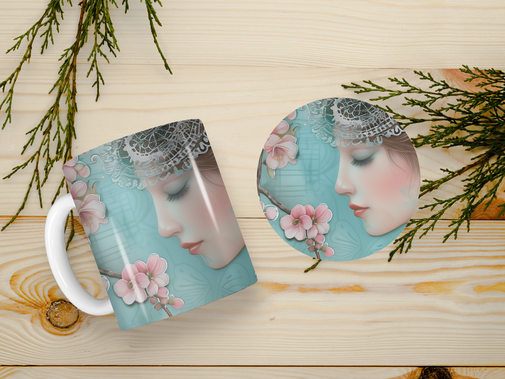 Personalized Ceramic Mug and Matching Coaster Set/11 oz or 15 oz Coffee Mug/Teal Girl #139