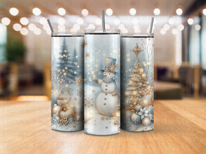 Personalized 20 oz Stainless Steel Tumbler with Metal Straw and Golden Snowman Design #343