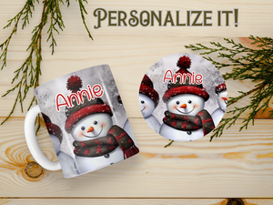 Personalized Ceramic Mug and Matching Coaster Set/11 oz or 15 oz Coffee Mug/3 Snowman Design/#120