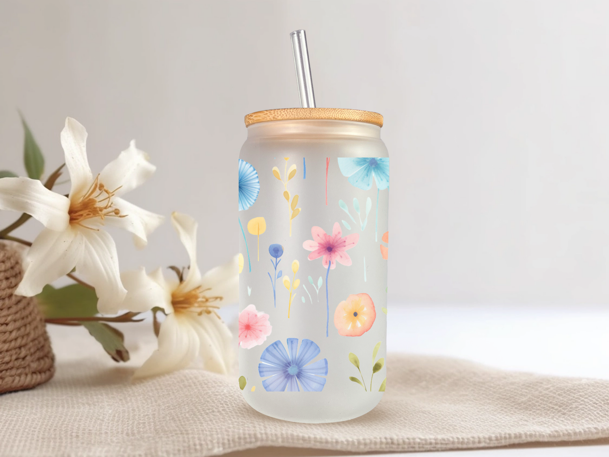 18oz PersonalizedFrosted Glass Tumbler with Bamboo Lid & Glass Straw/Watercolor Flowers #218