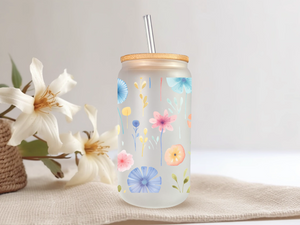 18oz PersonalizedFrosted Glass Tumbler with Bamboo Lid & Glass Straw/Watercolor Flowers #218