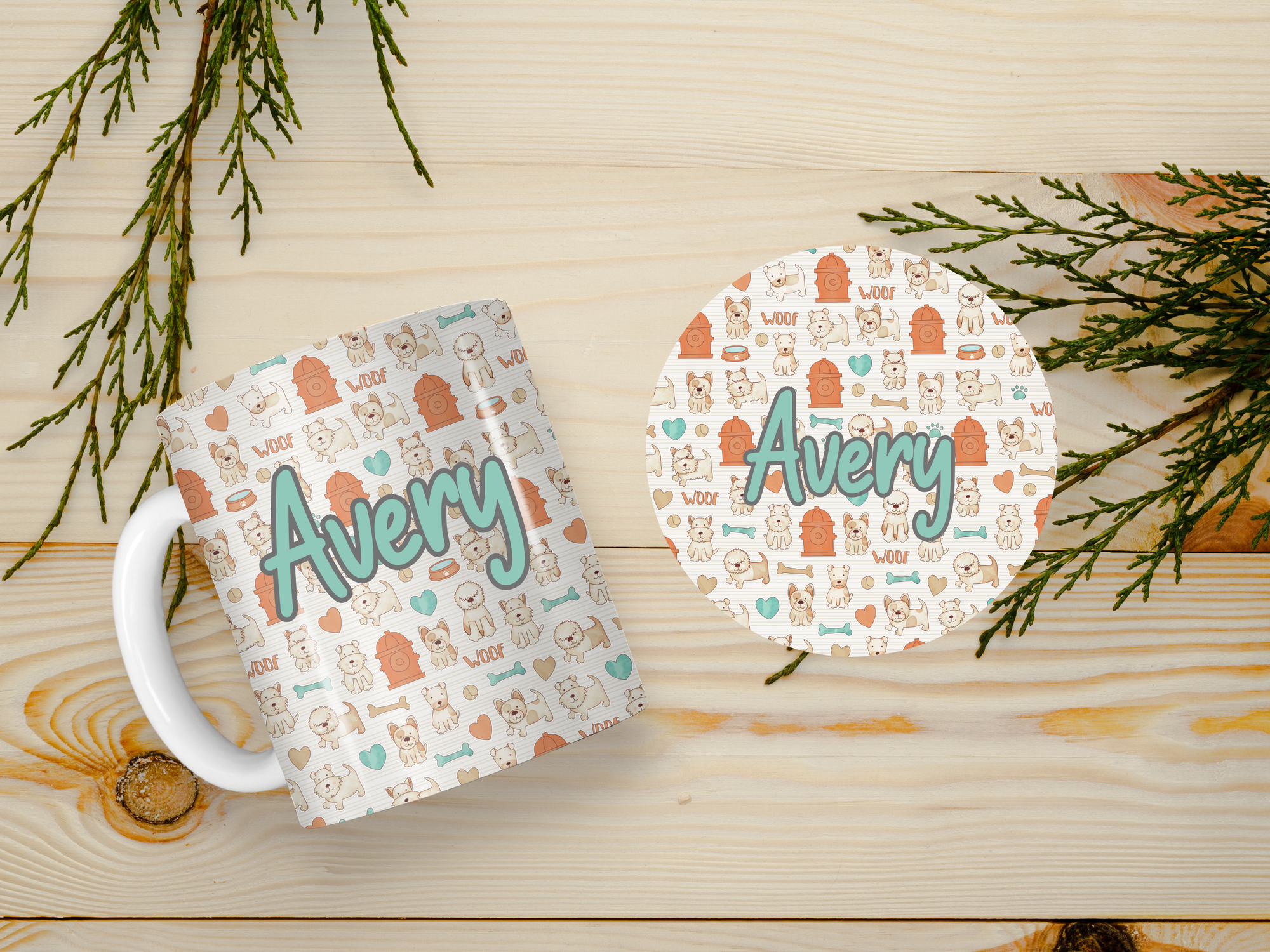 Personalized Ceramic Mug and Matching Coaster Set/11 oz or 15 oz Coffee Mug/Puppy Love Design #131