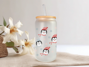 18oz Personalized  Frosted Glass Tumbler with Winter Penguins #232