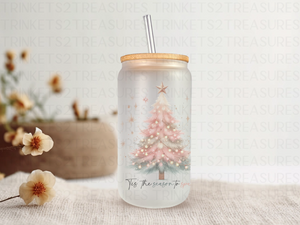 18oz Personalized  Frosted Glass Tumbler with Pink Christmas Tree #236