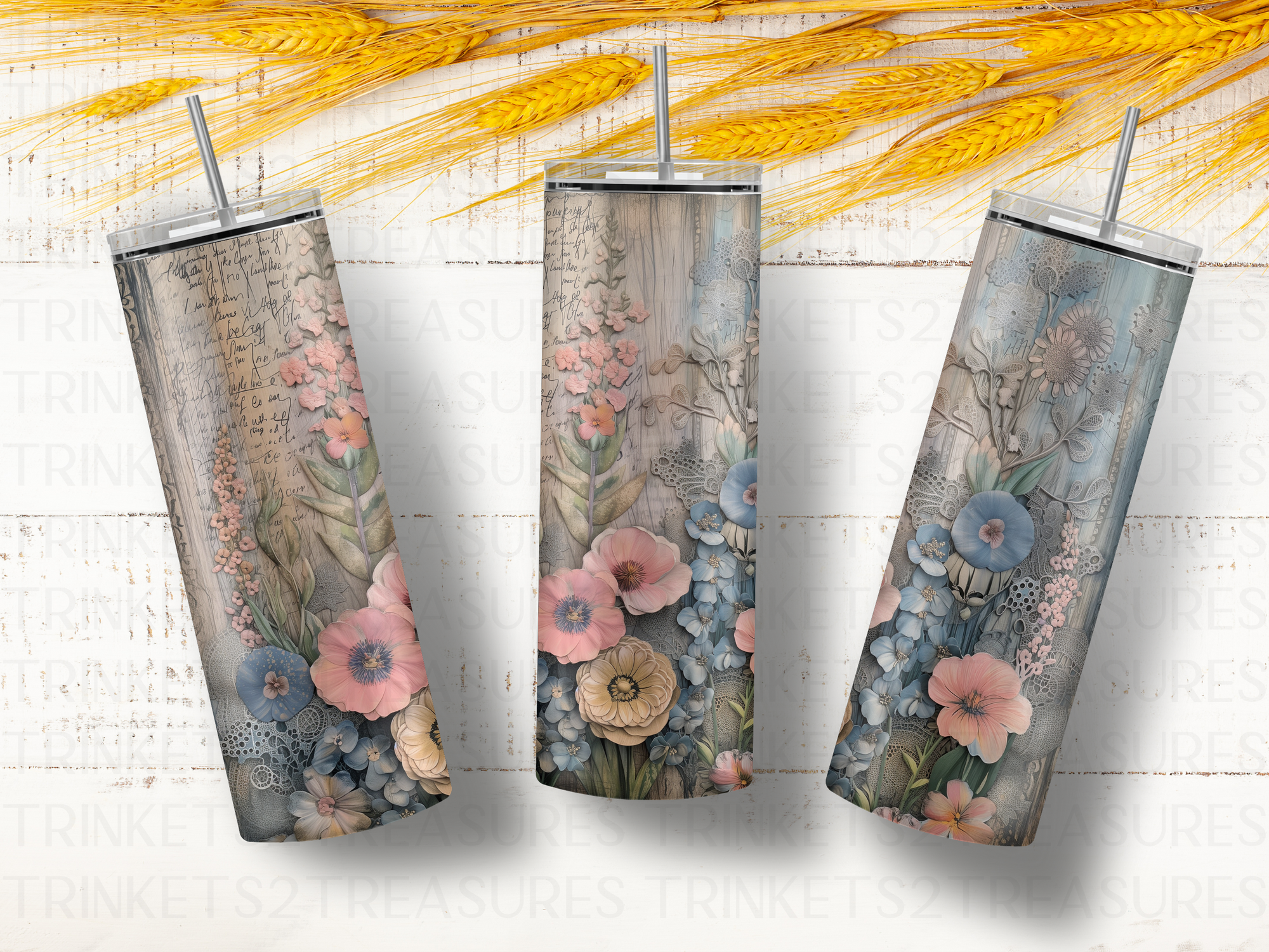 Personalized 20 oz Stainless Steel Tumbler with Metal Straw and Blue & Pink Paper Flowers Design #329