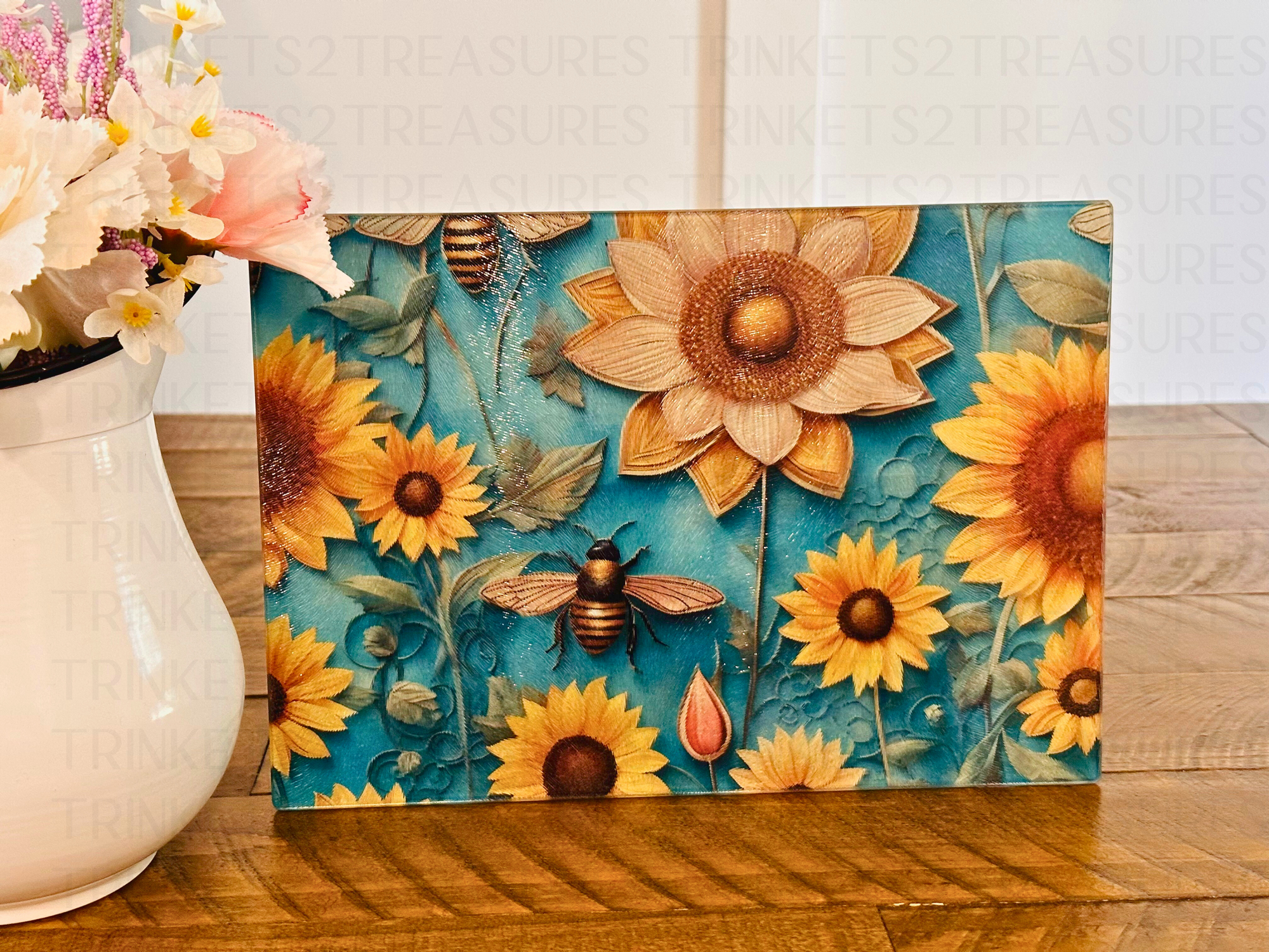 Personalized 8" x 11" Textured & Tempered Glass Cutting Board/Bees & Wildflowers/#617