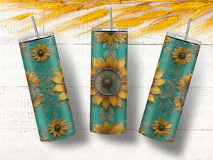 Personalized 20 oz Stainless Steel Tumbler with Metal Straw and Teal & Sunflowers #326