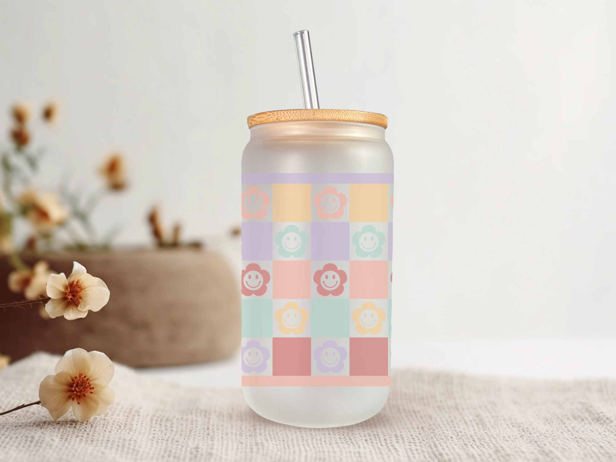 18oz Personalized  Frosted Glass Tumbler with Smiley Flowers #228