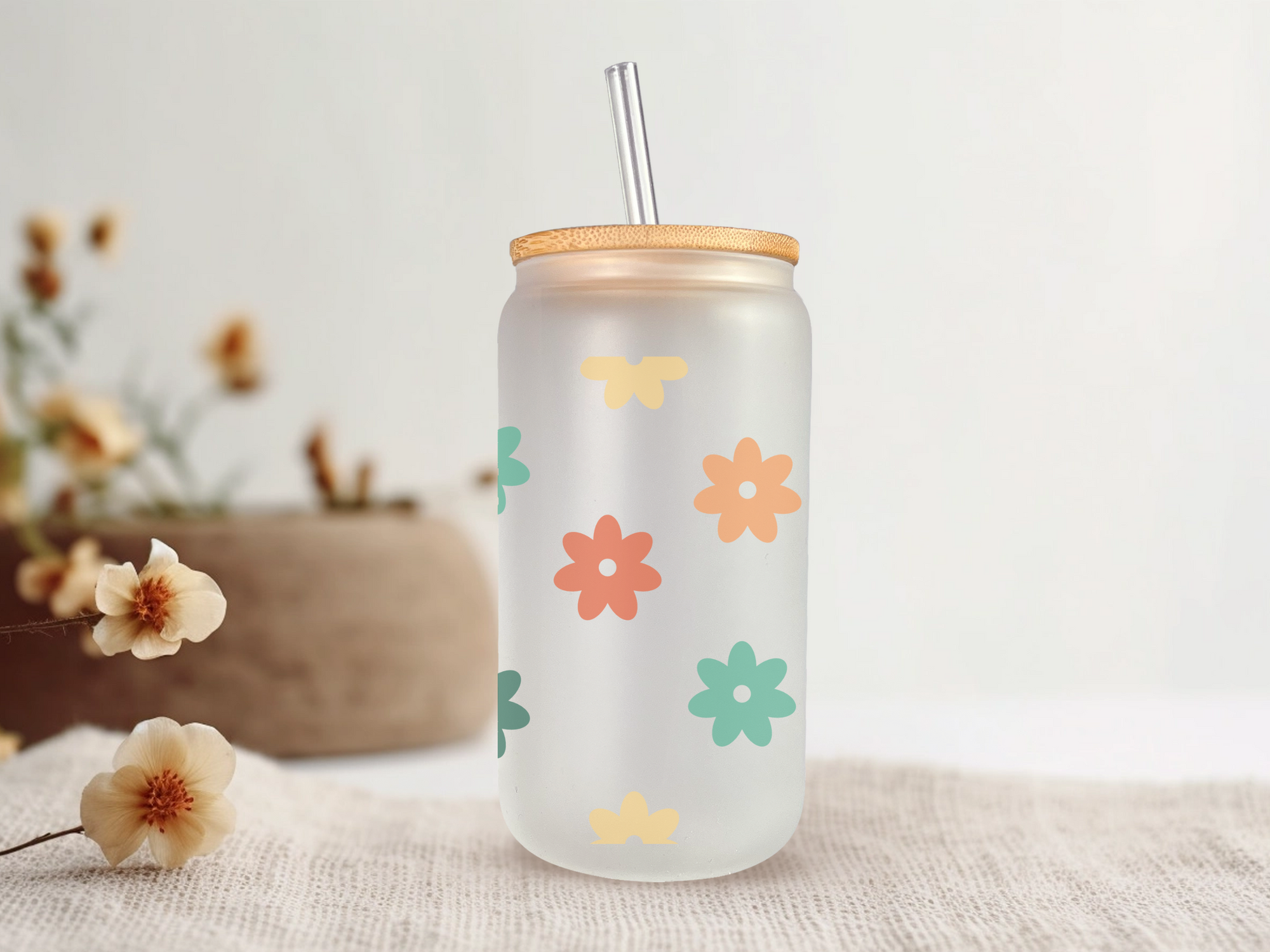 18oz Personalized  Frosted Glass Tumbler with Yellow & Green Daisies #227