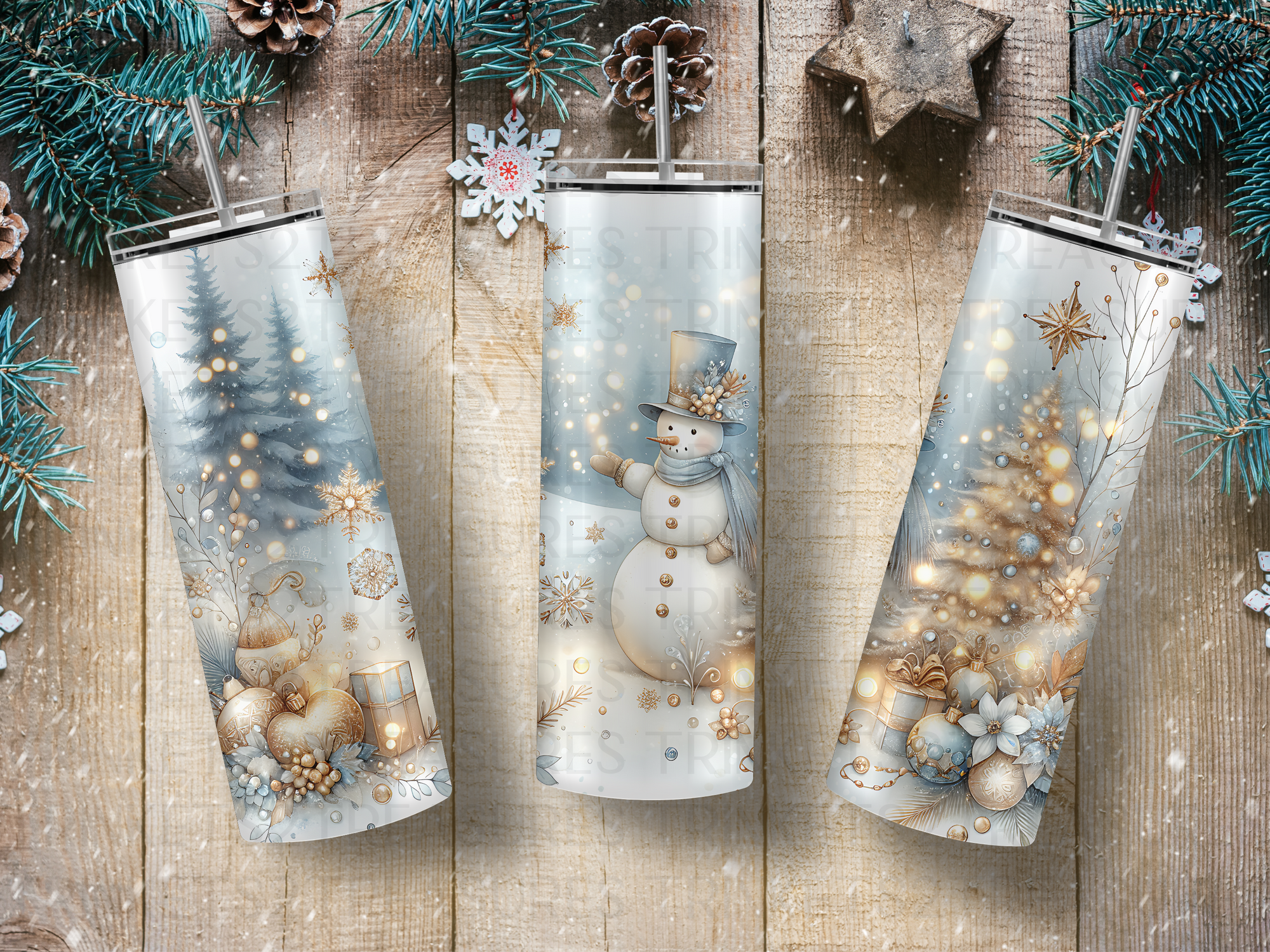 Personalized 20 oz Stainless Steel Tumbler with Metal Straw and Golden Snowman Design #343