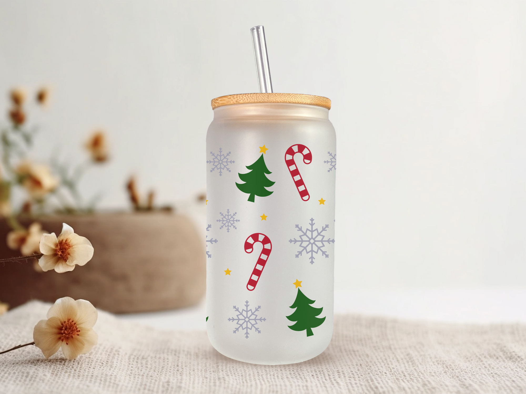 18oz Personalized  Frosted Glass Tumbler with Candy Canes & Christmas #235